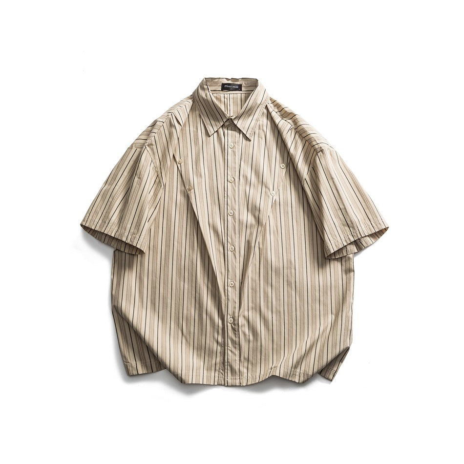 Beige vertical-striped short-sleeve button-front shirt laid flat, with diagonal chest seams and button details