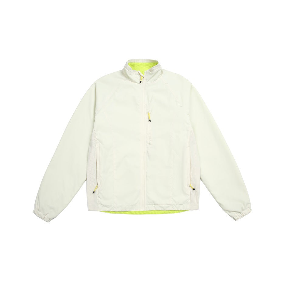 Off-white zip-front stand-collar jacket with matching side panels and neon yellow-green mesh lining, flat front view