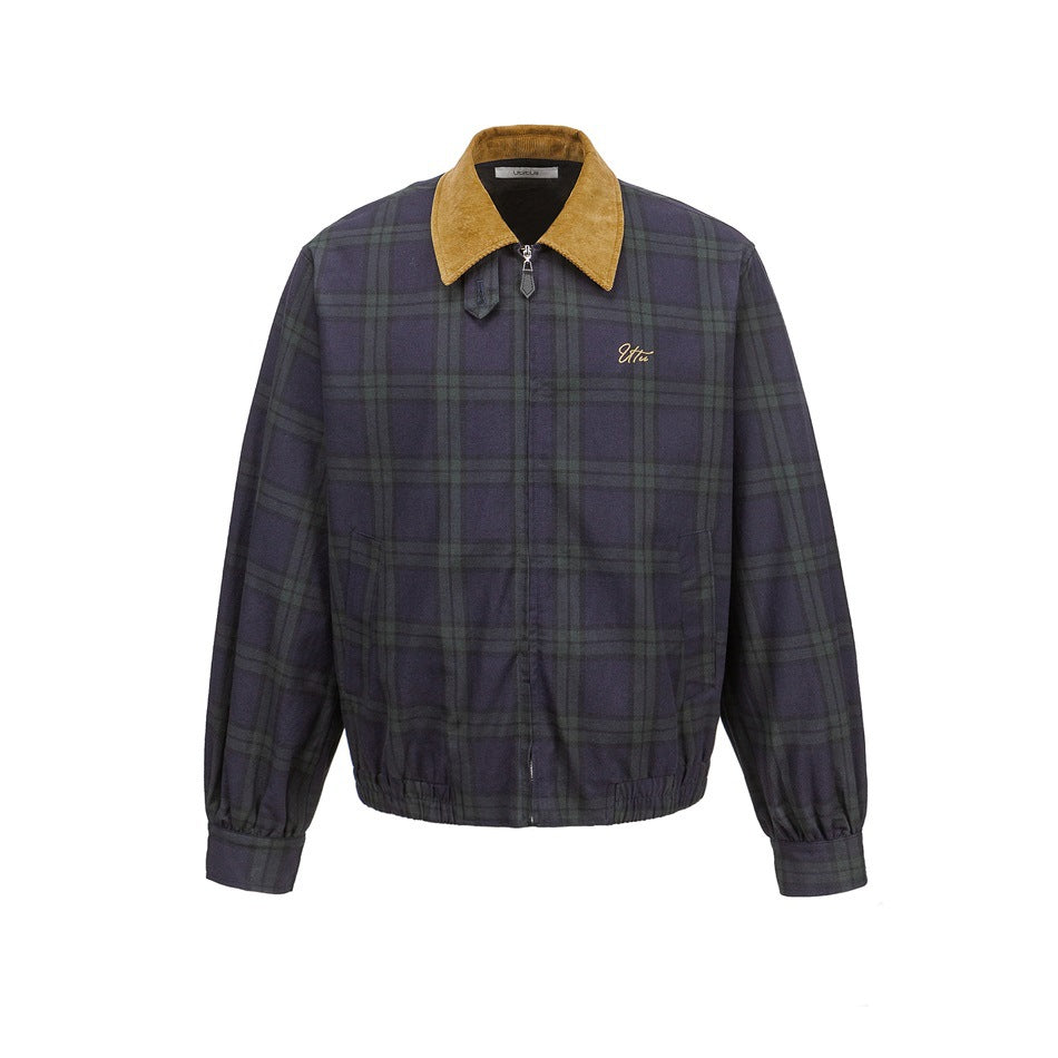 Navy and green plaid zip jacket with mustard corduroy collar, front view on white background
