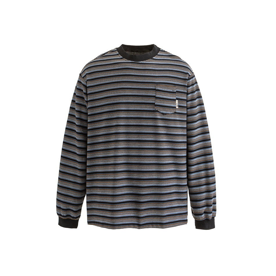 Front view of black striped long-sleeve crew neck top with blue and tan stripes, ribbed trim and chest pocket