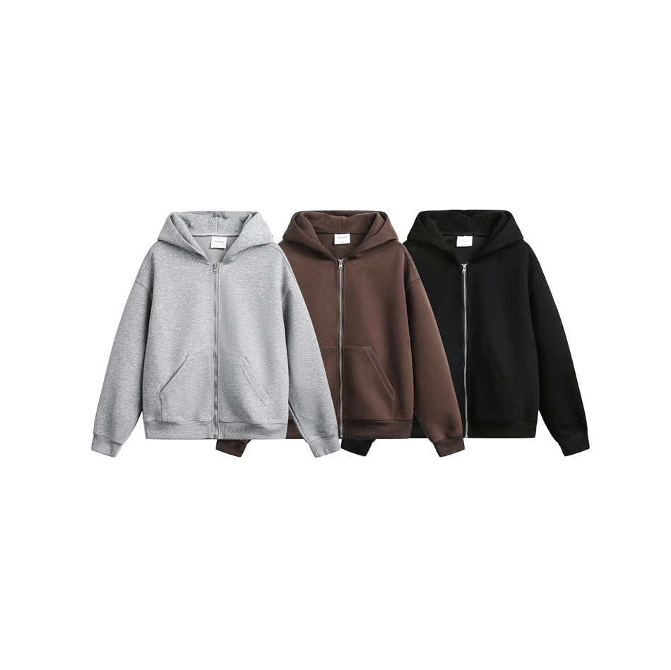 Three front views of hooded zip-up sweatshirts in light gray, brown, and black.