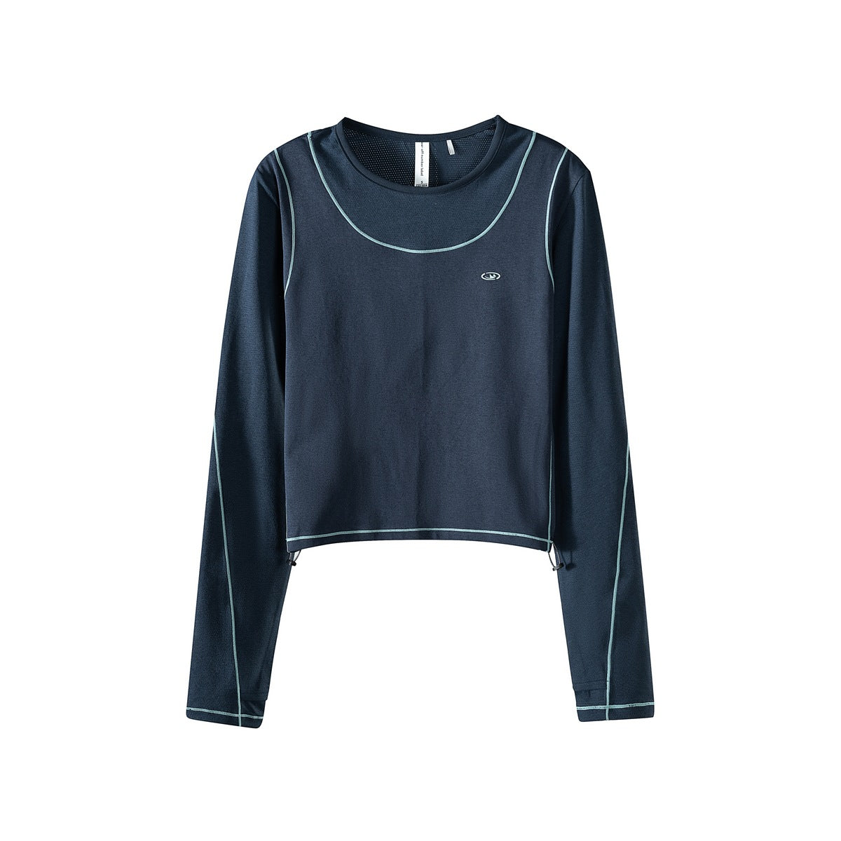 Navy cropped long-sleeve crew-neck top with light blue contrast stitching and small chest logo