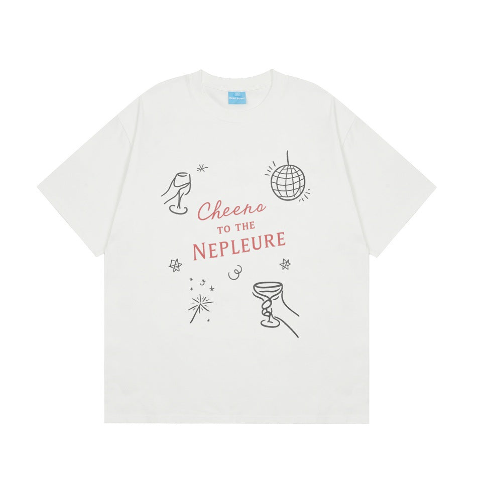 White short-sleeve crew-neck T-shirt with line-art champagne glasses, disco ball and red script print on the front