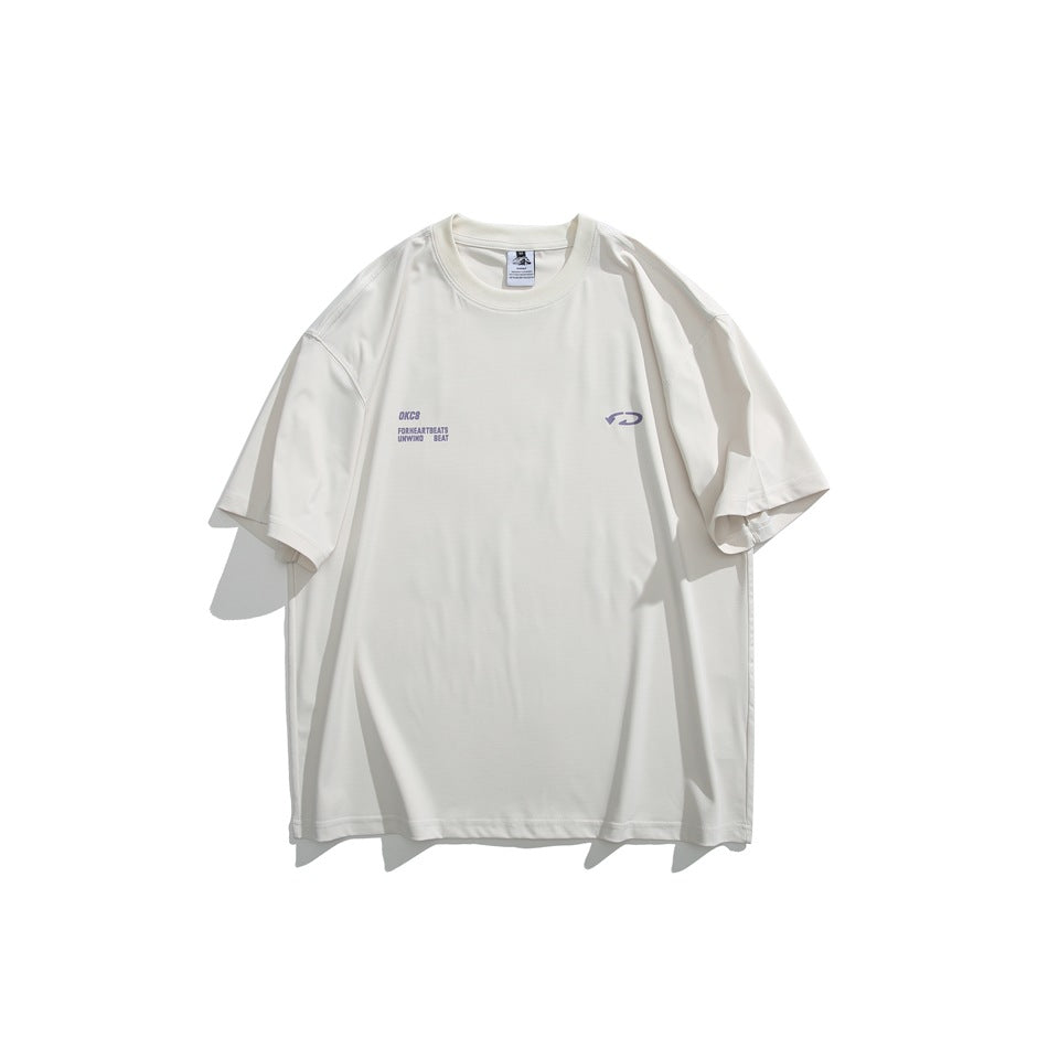 Front view of an ivory oversized crew-neck T-shirt with small purple chest text and an emblem.
