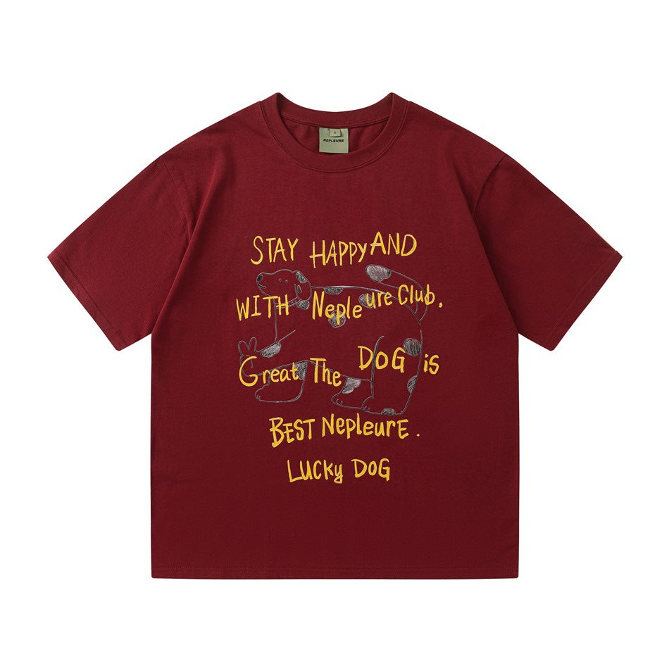 Burgundy red short-sleeve T-shirt with yellow handwritten text and a spotted dog drawing on the front