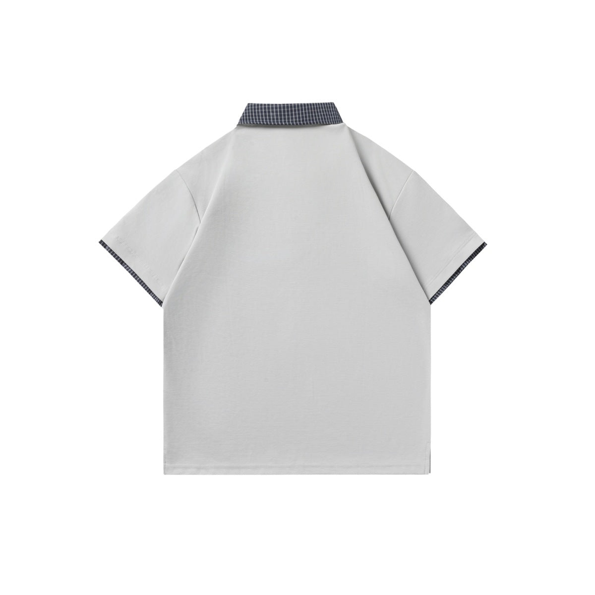 Back view of a light gray short-sleeve polo shirt with dark navy checked trim on the collar and sleeve edges.