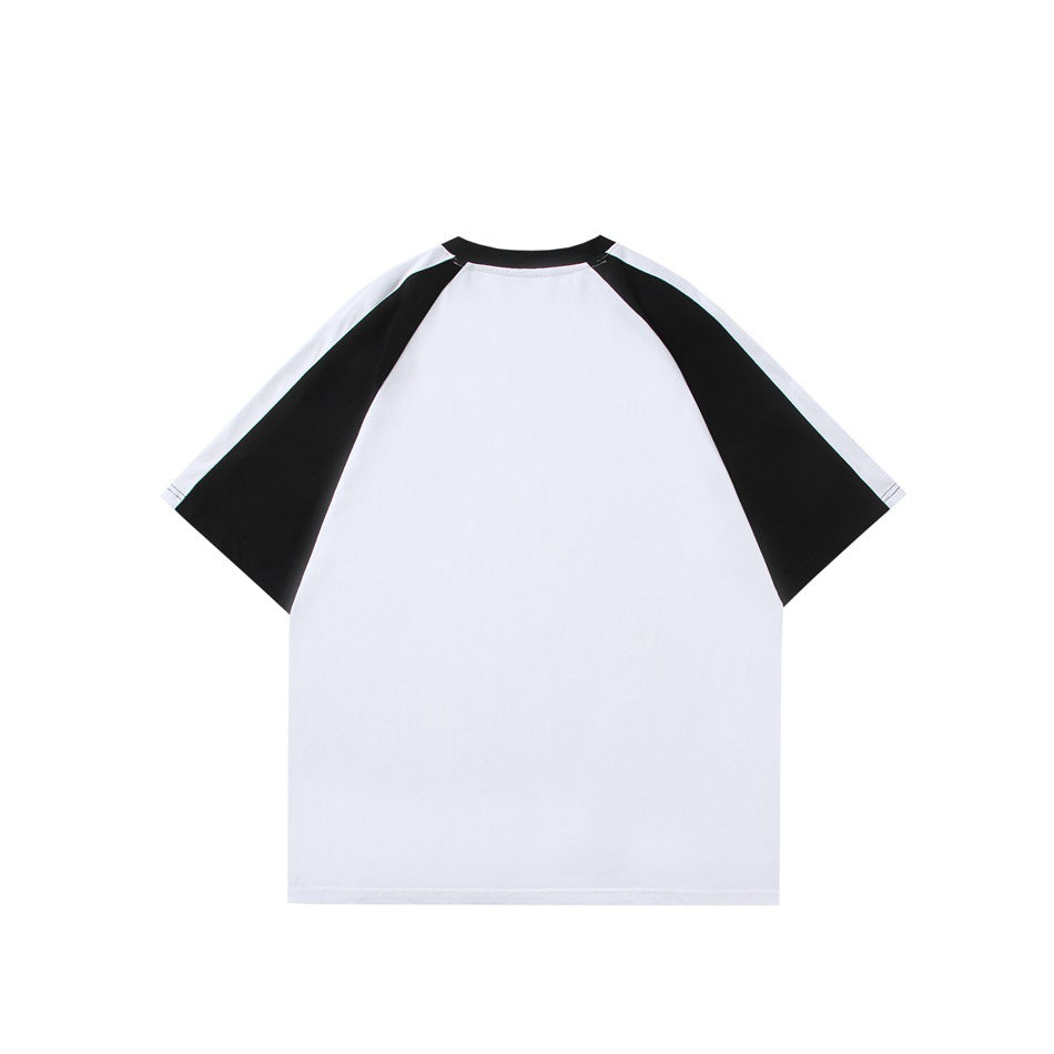 Back view of a white T-shirt with black raglan sleeves and a black crew neckline.