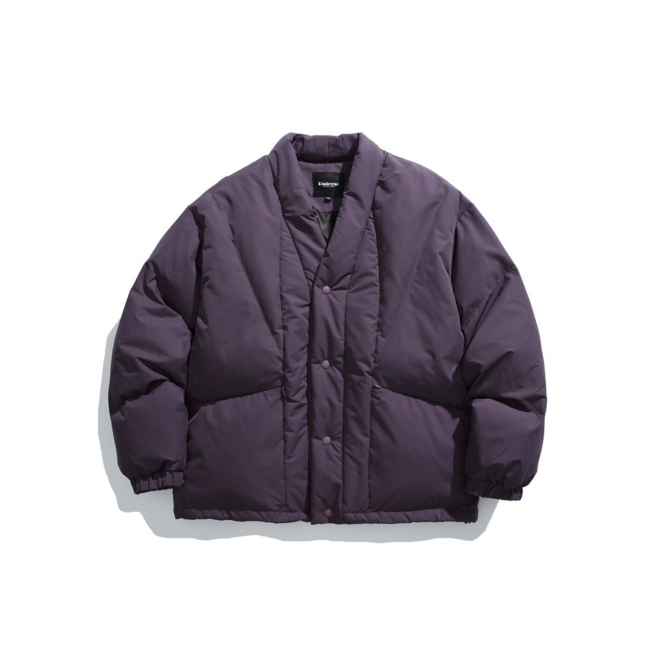 Purple padded kimono-style jacket with snap-button front and elastic cuffs, flat front view