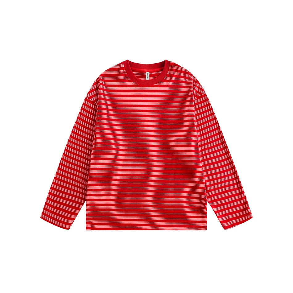 Red long-sleeve crew-neck top with white pinstripes and matching ribbed collar, flat lay front view