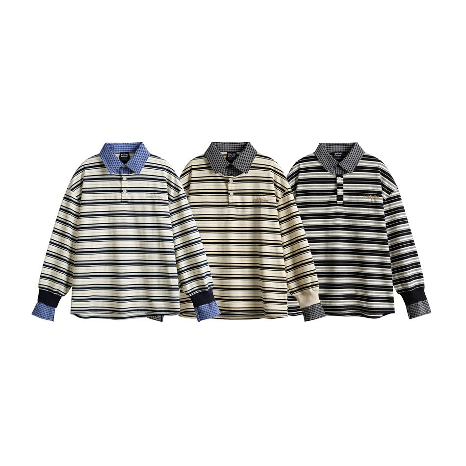 Three long-sleeve striped polo shirts shown from the front in cream, blue, and black color combinations.