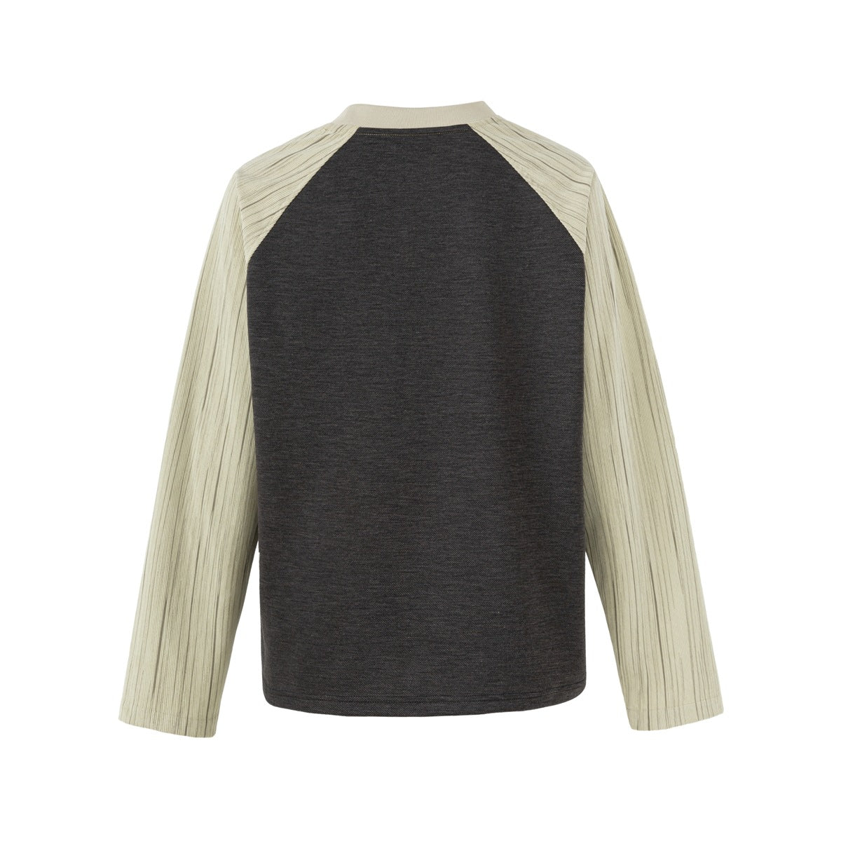 Back view of a charcoal raglan top with a plain back panel and cream ribbed sleeves.