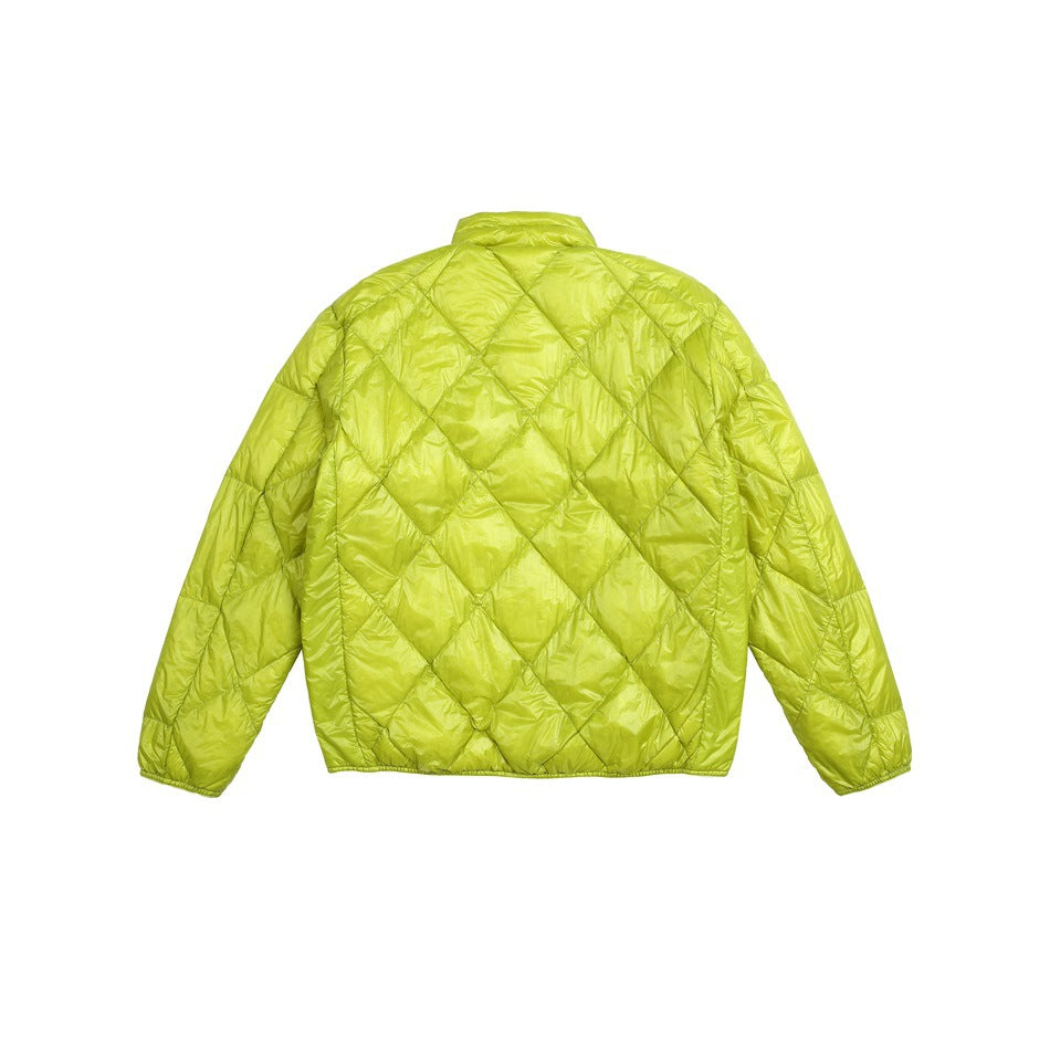 Back view of a bright lime-green quilted jacket with diamond stitching, long sleeves and a short stand collar.