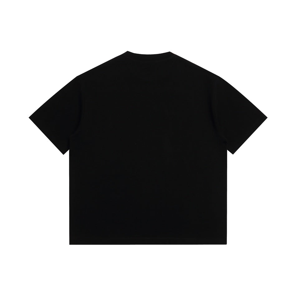 Plain black short-sleeve crew-neck T-shirt shown flat from the back.