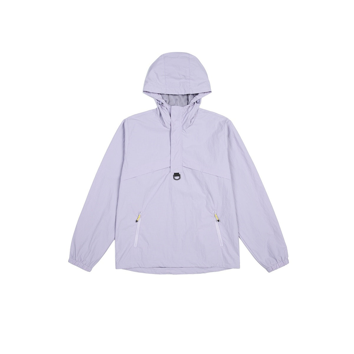 Purple hooded half-zip pullover jacket flat lay with D-ring, zip pockets and elastic cuffs