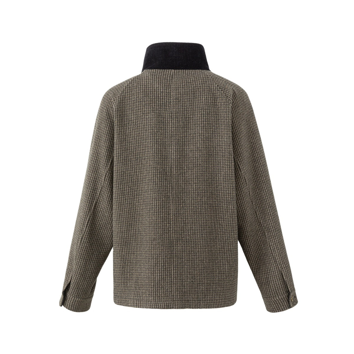 Back view of a brown and gray houndstooth jacket with a black stand collar and buttoned cuffs.