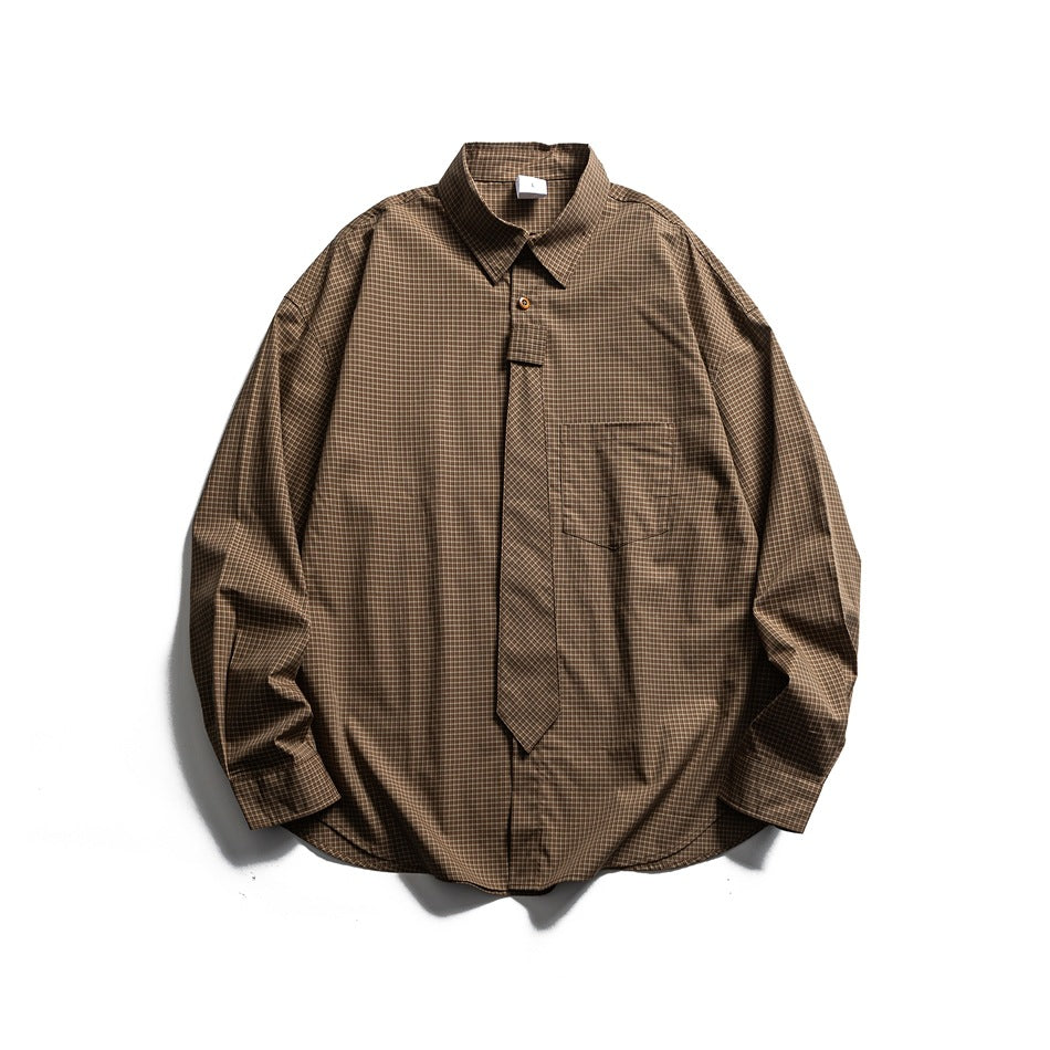 Brown small-check long-sleeve shirt flat lay with matching tie attached at collar and chest pocket