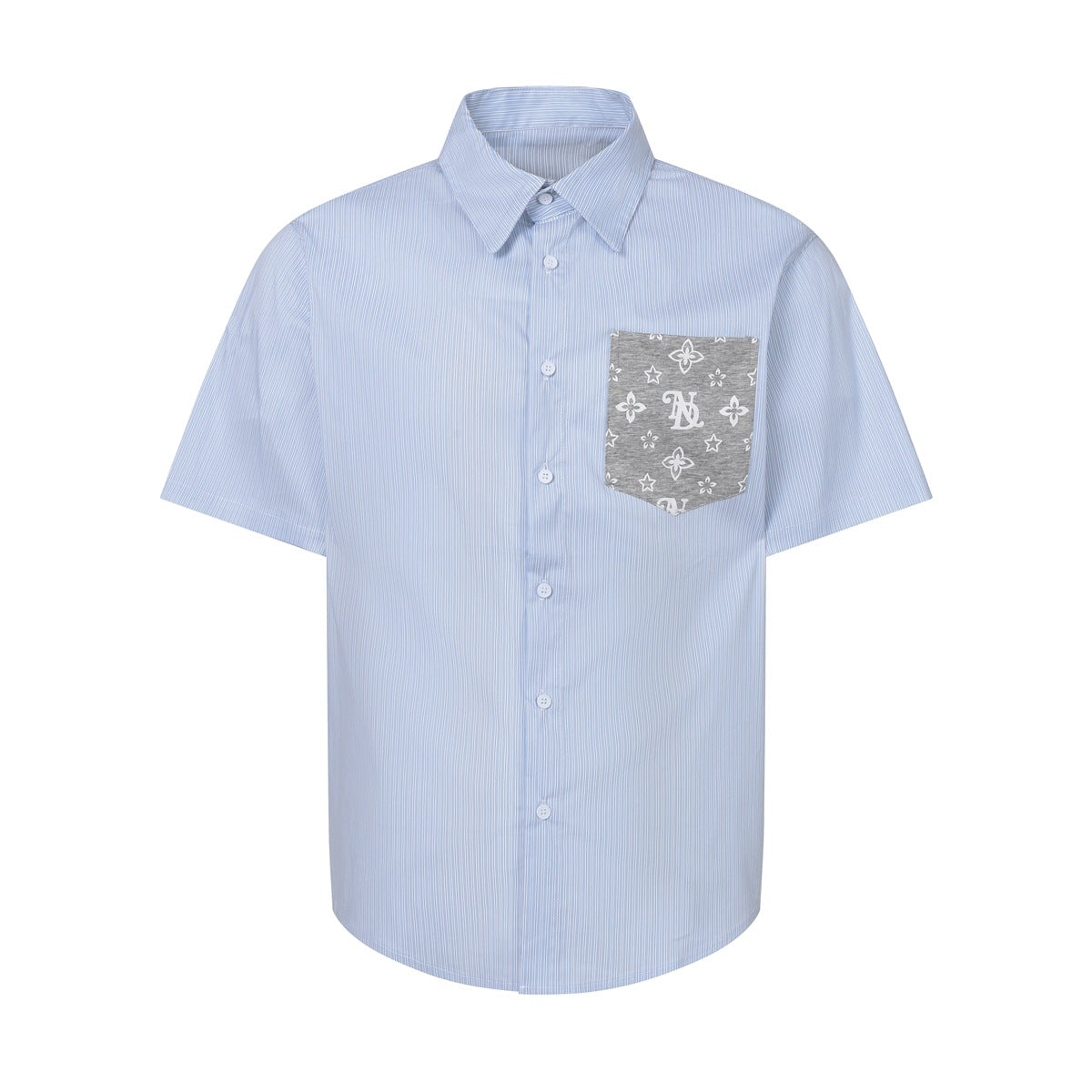 Light blue striped short-sleeve button-up shirt with gray patterned chest pocket, front view on white background