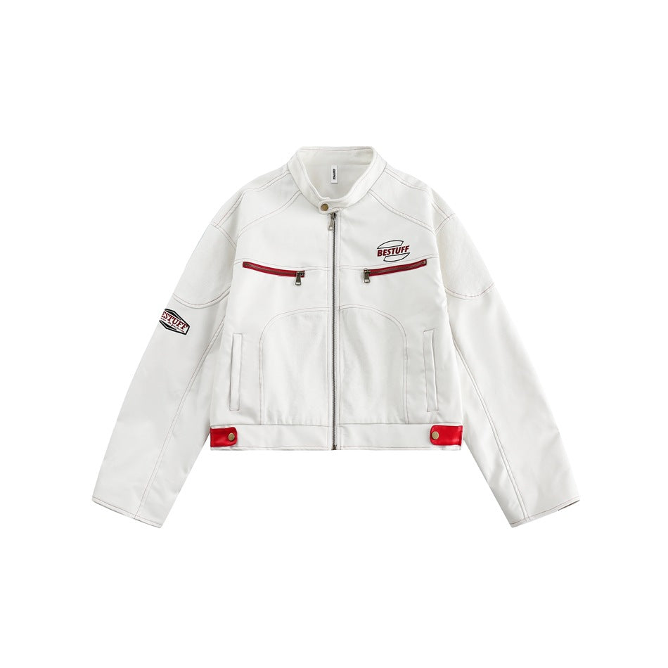 White stand-collar zip jacket with red-trimmed chest zip pockets, red hem tabs and contrast stitching, flat front view