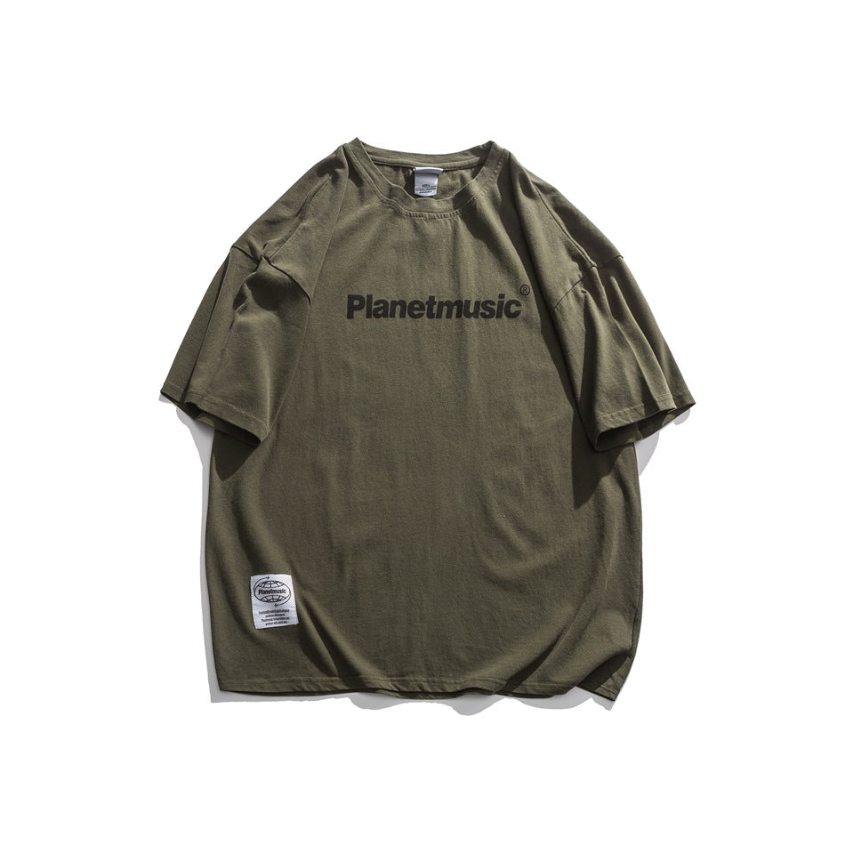 Army green short-sleeve crew-neck T-shirt with black chest lettering print and small white label at the hem, flat lay