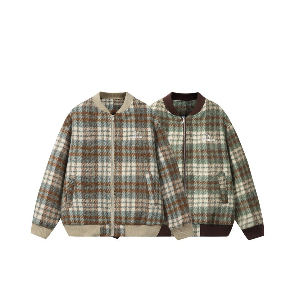 Two plaid zip jackets shown side by side: one with beige trim and one with dark brown trim.