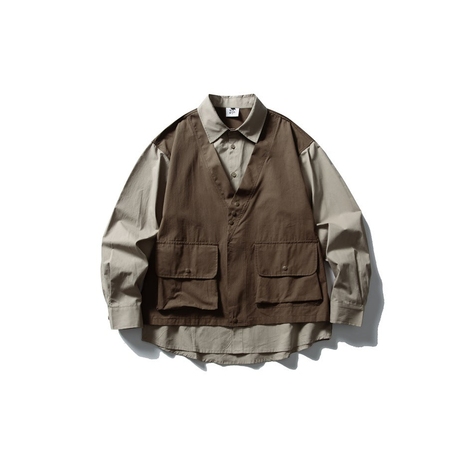 Brown vest-style panel over a khaki layered shirt with two flap pockets, flat lay front view