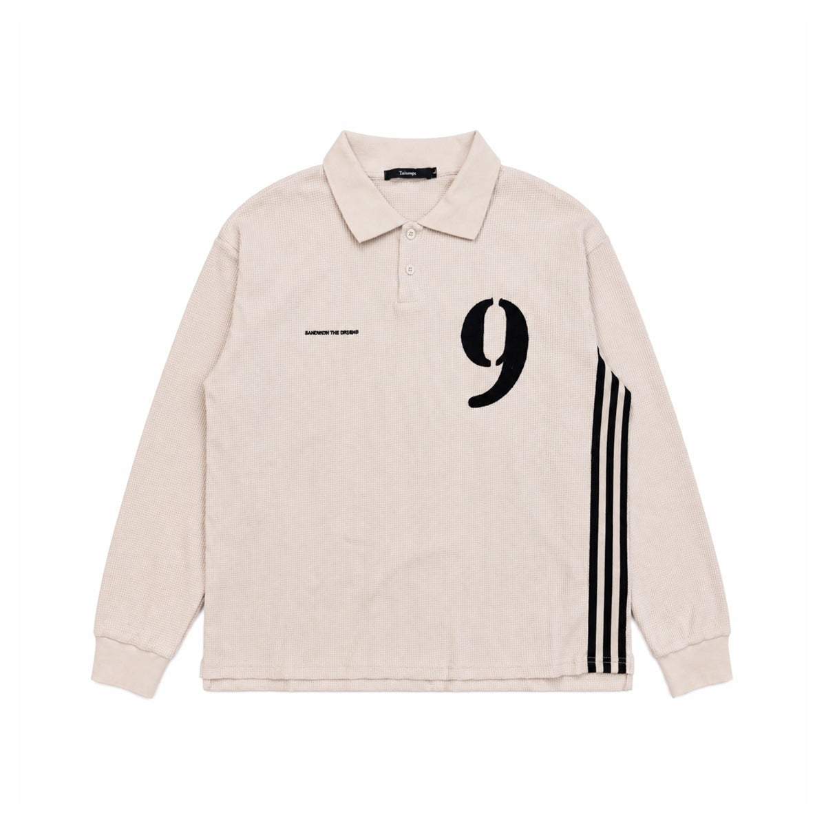 Light khaki waffle-knit long-sleeve polo pullover with black number 9 and three side stripes, front flat lay