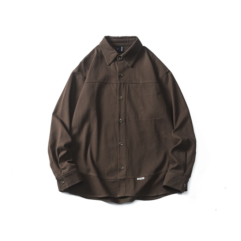 Dark brown long-sleeve button-up shirt laid flat, front view, with chest patch pocket and hem band