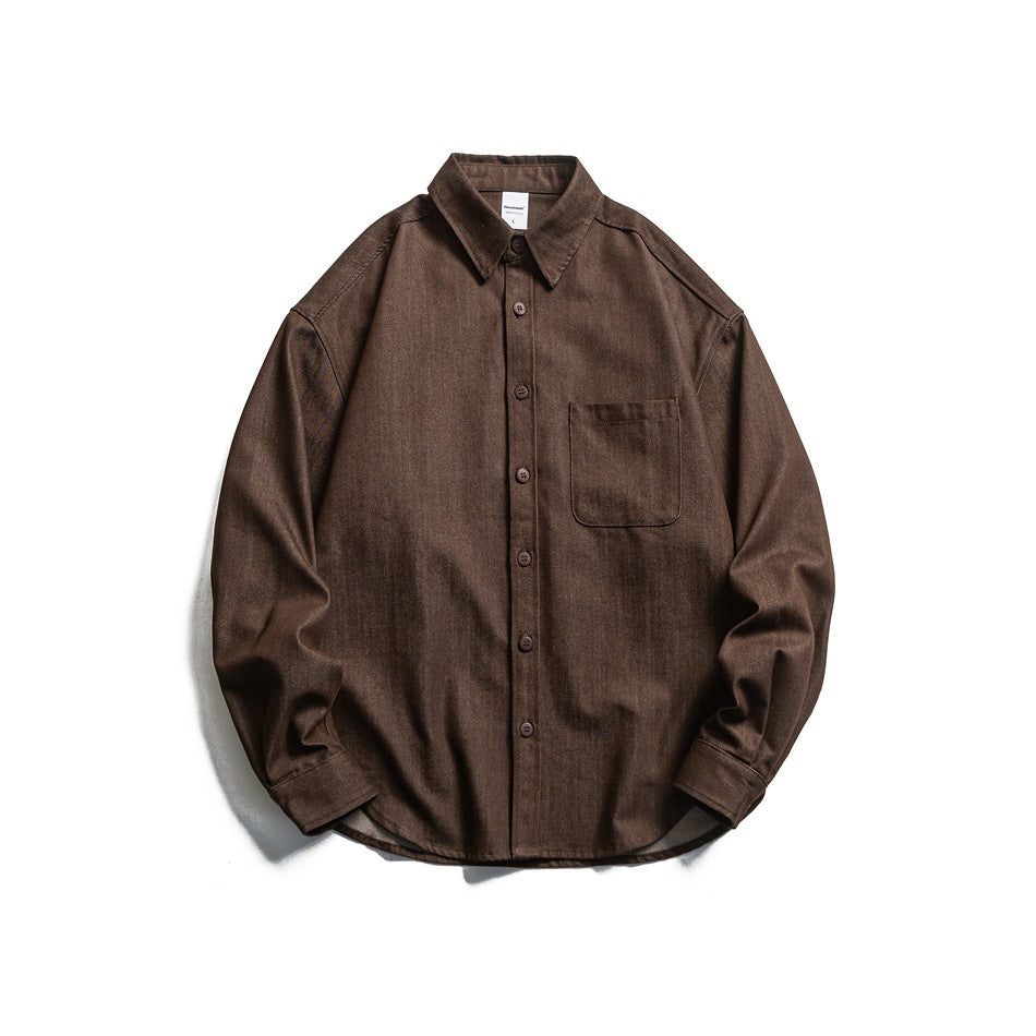 Brown long-sleeve button-front shirt with collar and chest patch pocket, flat lay front view