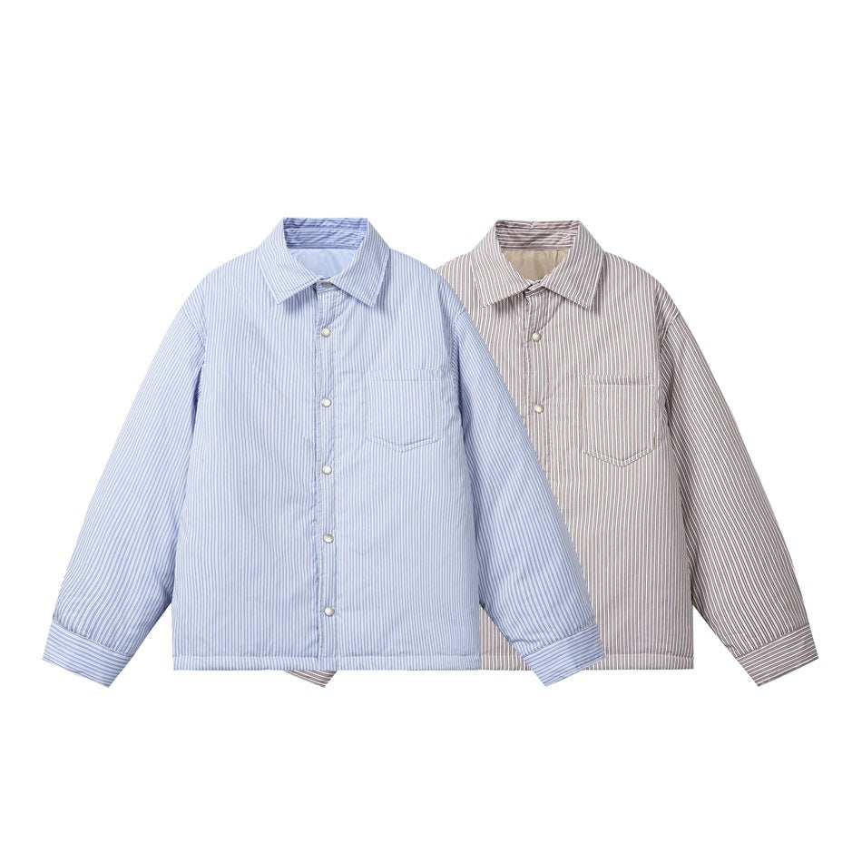 Two long-sleeve striped shirt jackets shown from the front in pale blue and taupe, each with a chest pocket.