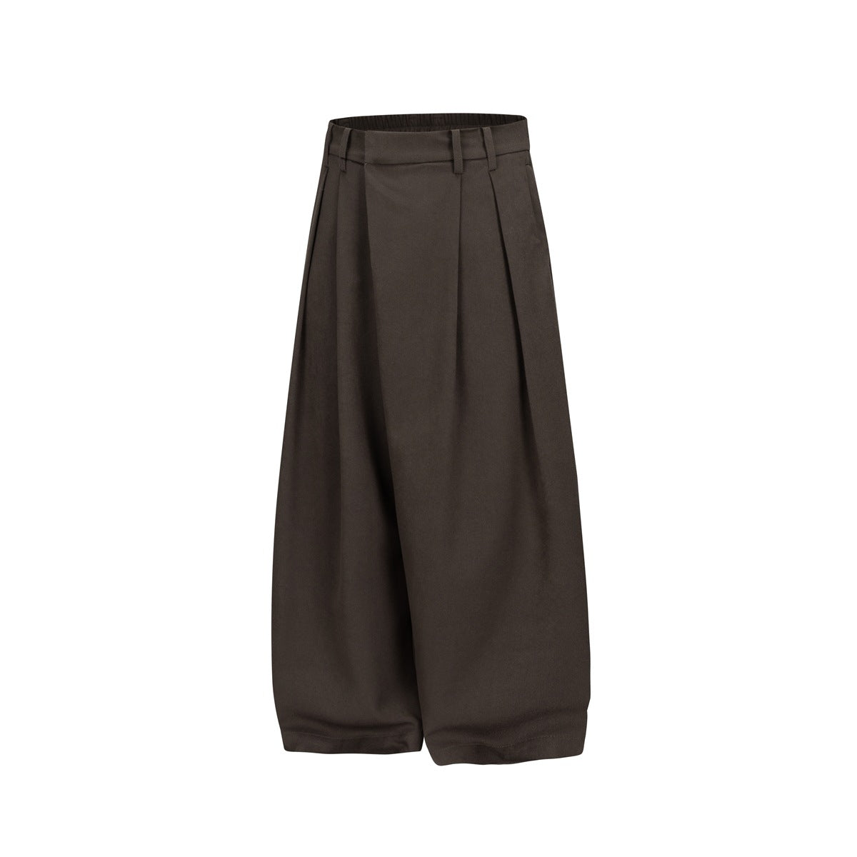 Front view of dark brown wide-leg trousers with belt loops and front pleats.