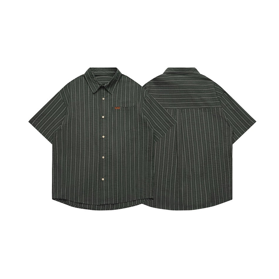 Dark green short-sleeve button-up shirt shown from the front and back, with fine white stripes and a chest pocket.