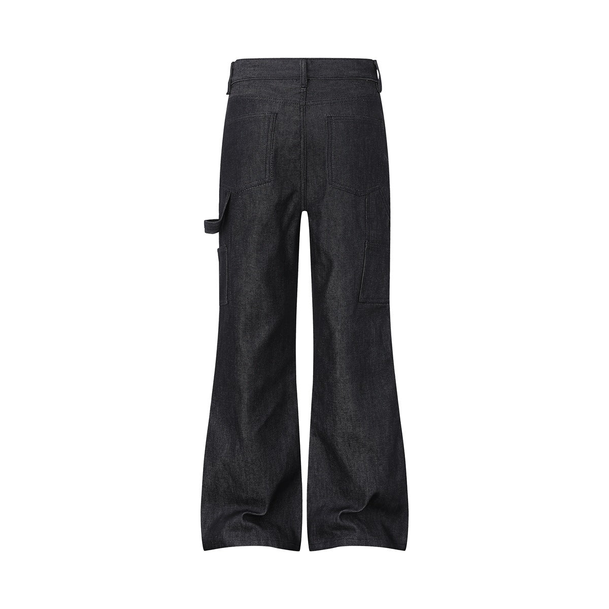 Full back view of black flared denim pants with two rear pockets and side utility pockets.