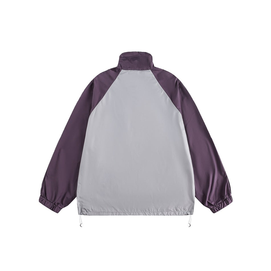 Back view of a color-block jacket with a light gray body, dark purple sleeves and collar, and adjustable hem cords.