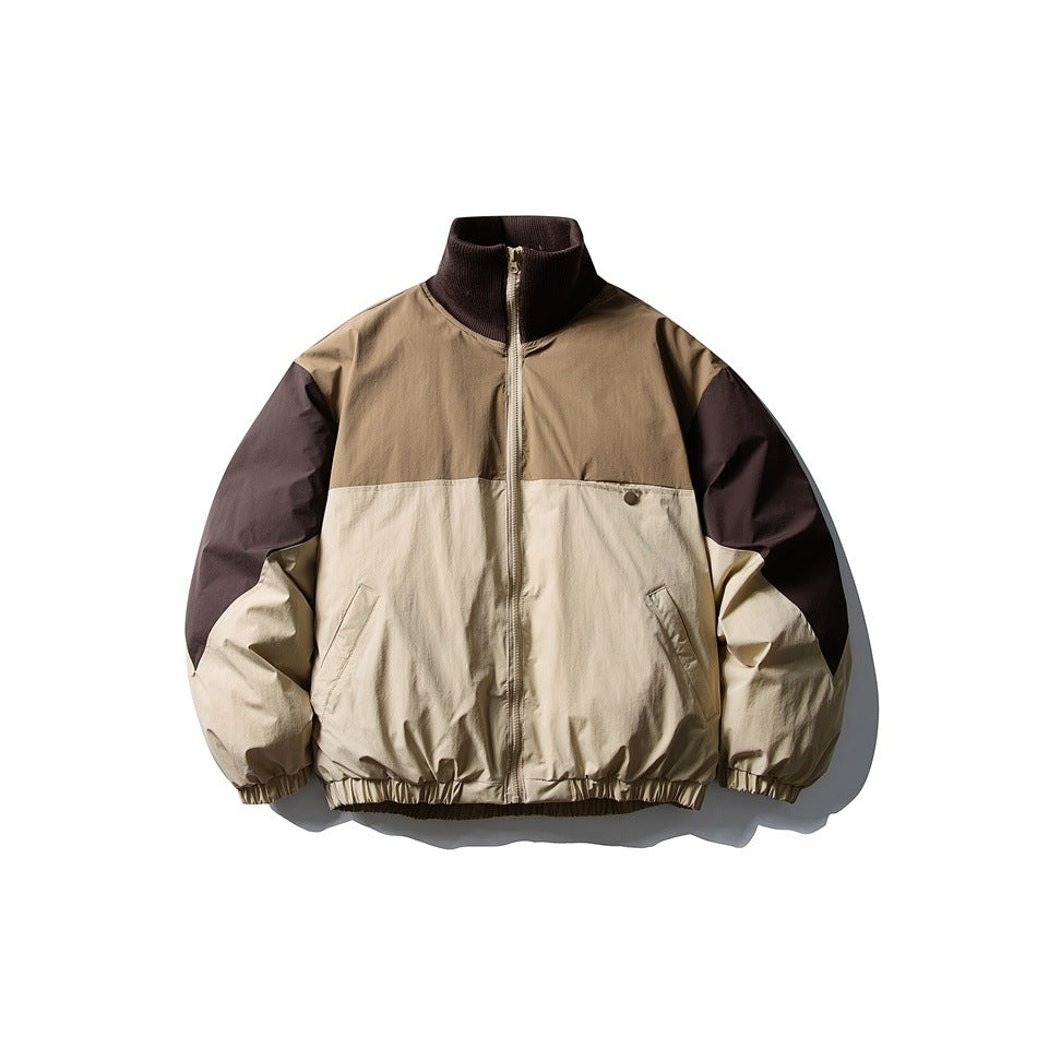 Khaki and brown color-block zip jacket with ribbed stand collar and elastic hem, front flat view
