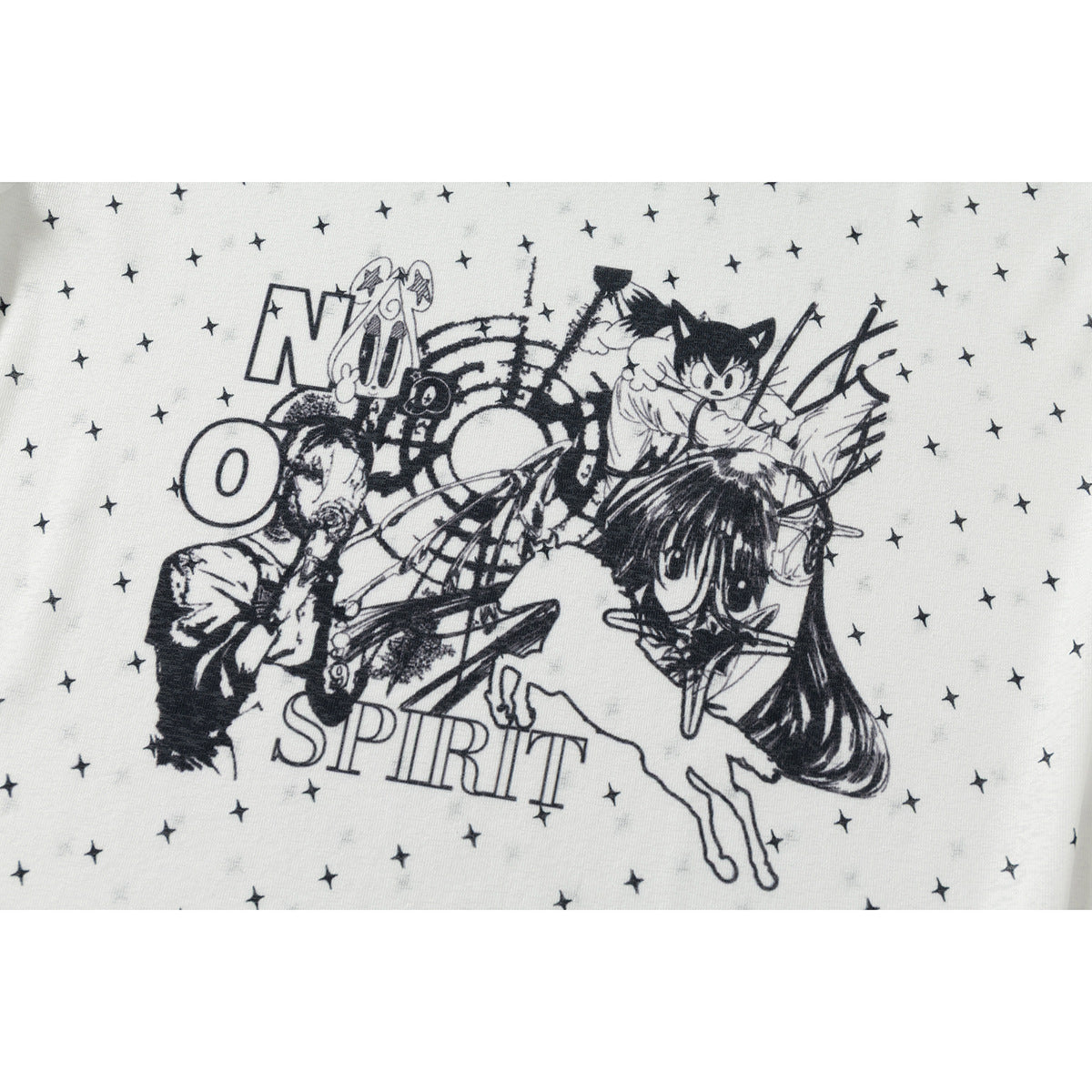 Close-up of black manga-style character artwork and lettering printed on a white, star-patterned top.