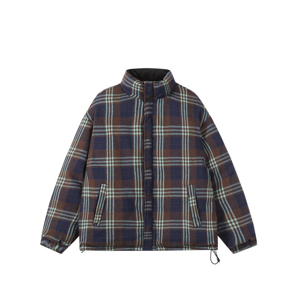 Front view of a brown and navy plaid jacket with pale blue stripes, a high collar, and two pockets.