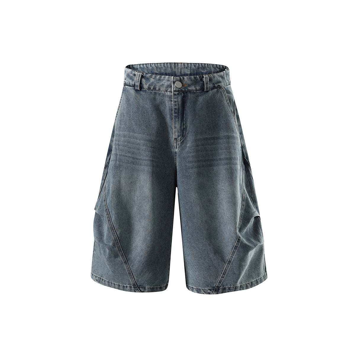 Washed blue denim knee-length shorts, front view, with button closure, belt loops and diagonal seams