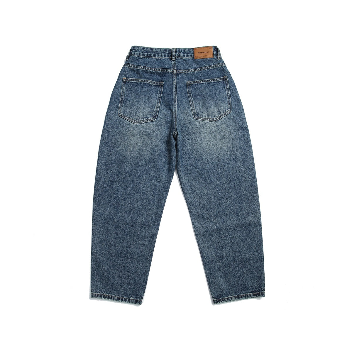 Full back view of blue-wash jeans laid flat, with two back pockets and straight, relaxed legs.