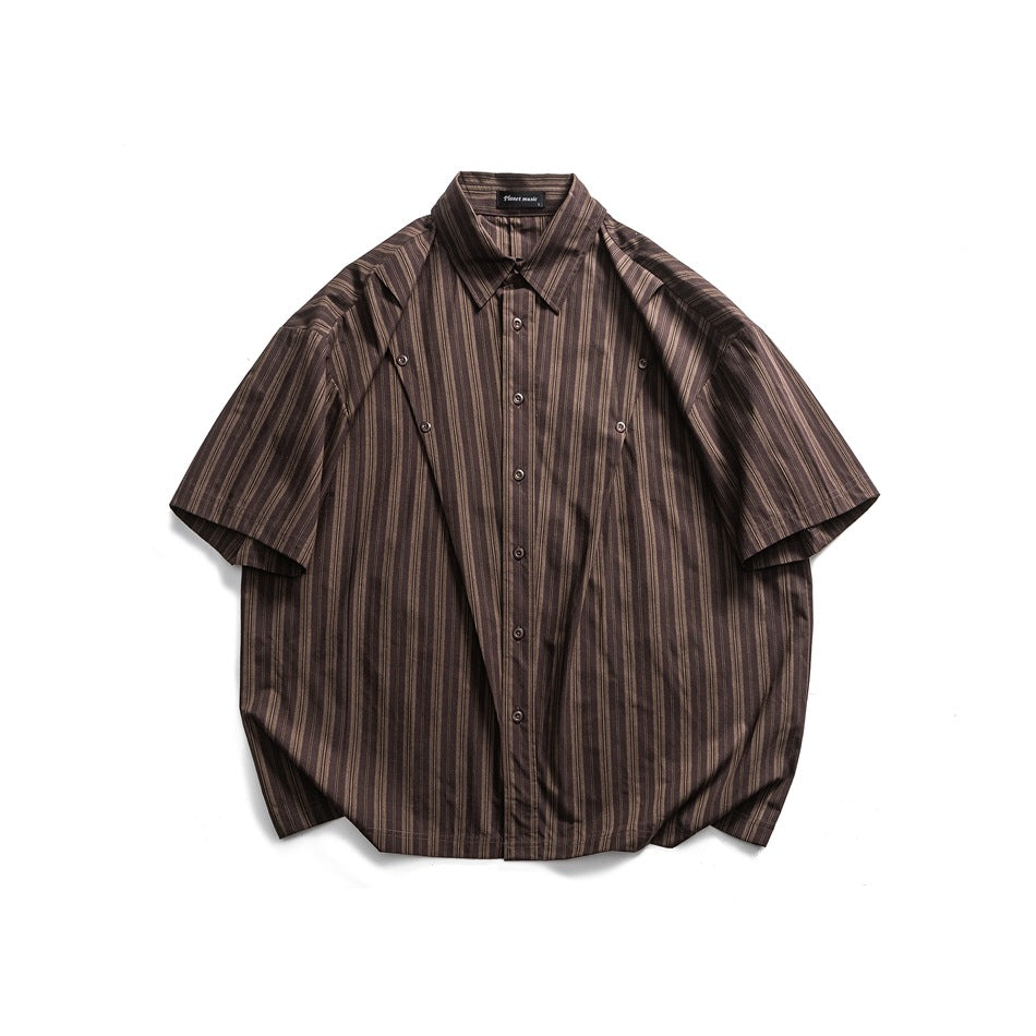 Brown and tan vertical-striped short-sleeve button-front shirt laid flat, with diagonal chest seams and button details