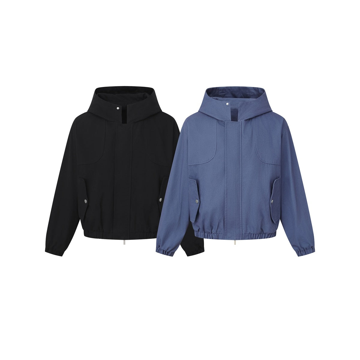 Front views of hooded jackets in black and muted blue, with flap pockets, snap details, and gathered hems and cuffs.