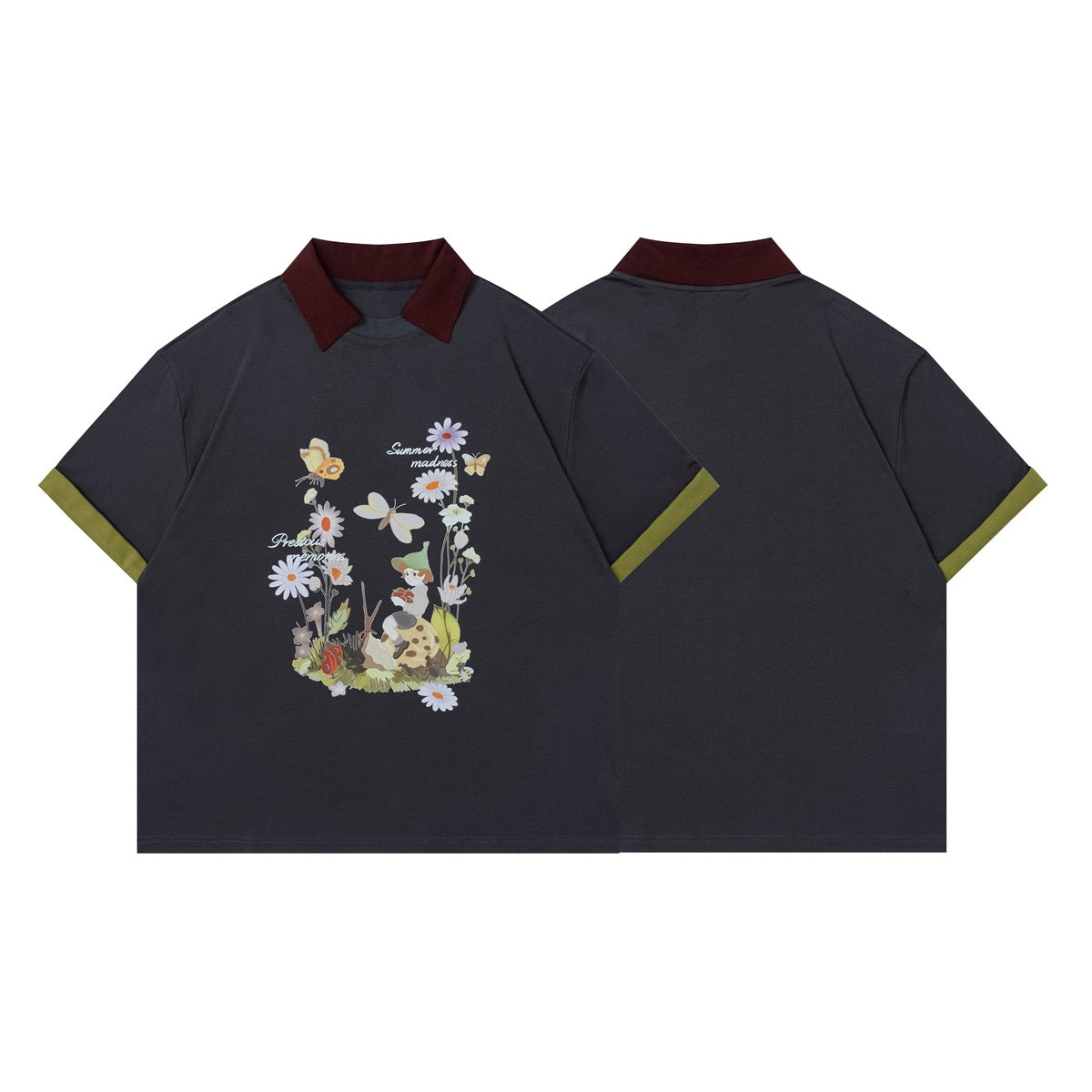 Front and back views of a charcoal short-sleeve collared shirt with burgundy collar, olive cuffs, and a colorful garden
