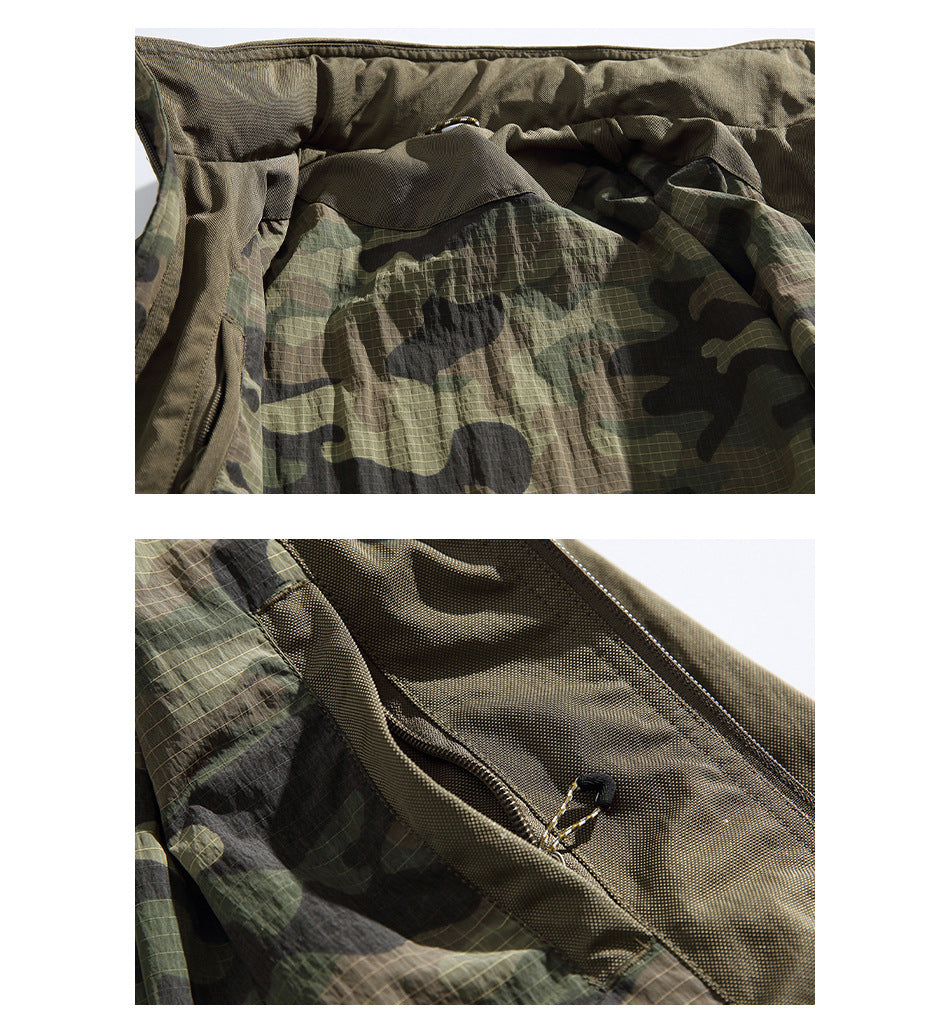 Jacket detail views show the camouflage lining and an olive panel with a zipper pocket and pull.