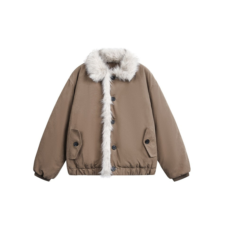 Khaki button-front jacket flat lay with off-white fur-like collar and trim, flap pockets and ribbed cuffs