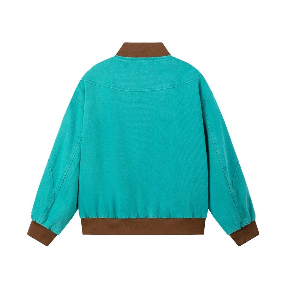 Flat back view of a turquoise jacket with brown ribbed collar, cuffs, and hem.