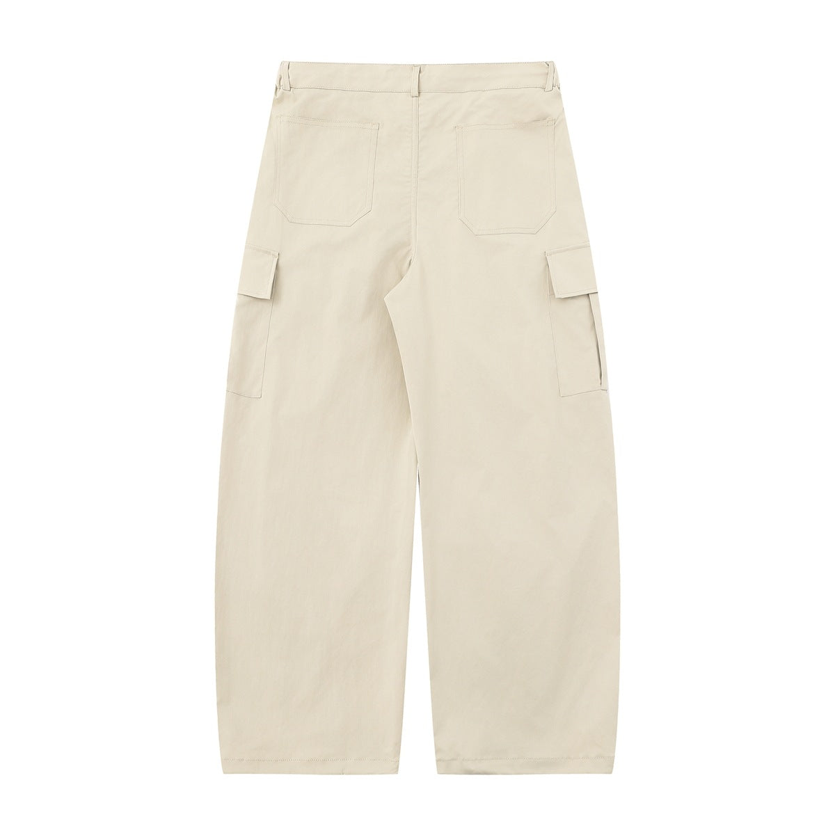 Back view of cream wide-leg pants with two patch pockets, belt loops, and side cargo pockets.