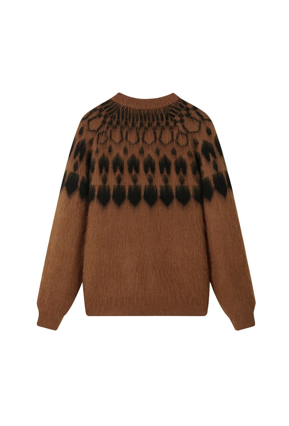 Flat-lay front of a brown crewneck sweater with a black animal-patterned yoke and long sleeves.
