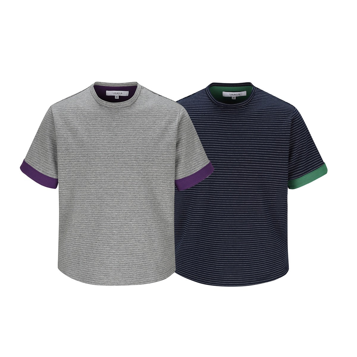 Gray and navy striped short-sleeve crew-neck T-shirts side by side with purple and green folded cuffs