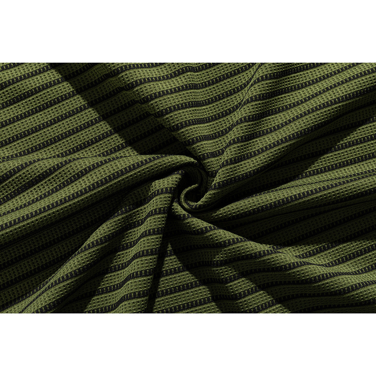 Close-up of olive-green and black striped fabric gathered to show its raised texture.