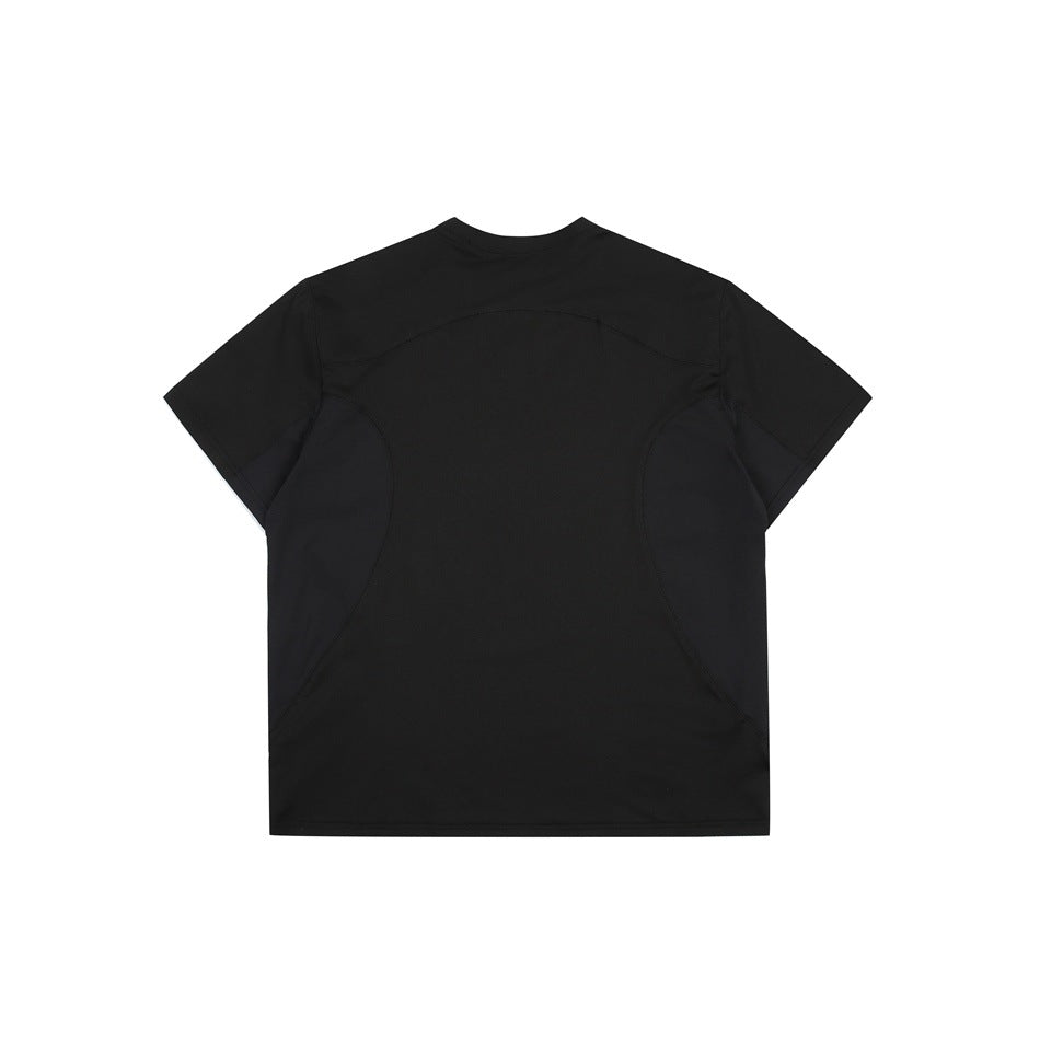 Back of a plain black short-sleeve shirt with curved side seams.