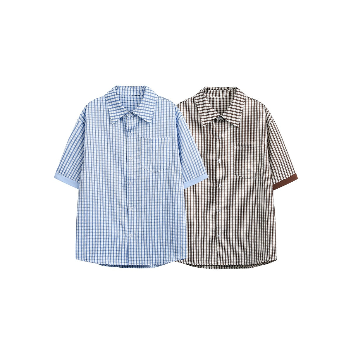 Blue and brown plaid short-sleeve button-up shirts shown from the front, each with a collar and chest pocket.